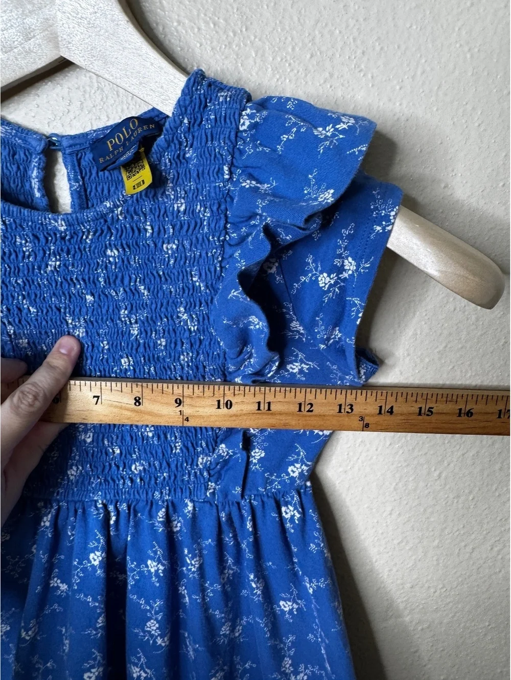 Polo Ralph Lauren Dress Girls 8-10 Blue Floral Smocked Ruffle Fit Flare